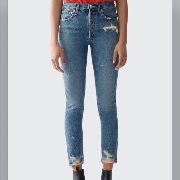 Agolde Denim - Agolde Womens blue Jamie distressed high rise skinny chewed hem jeans 23